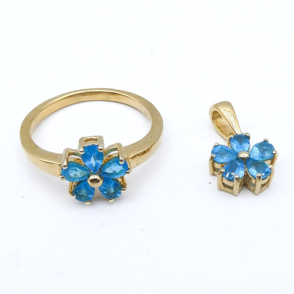 D'Joy Gold Over Sterling Silver 925 Neon Apatite Flower Pendant Ring Set Sz 8